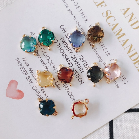 18K Gold Plated Copper Rhombus Faceted Glass Crystal Charm Double Jump Ring Connector Pendant For DIY Jewelry Making Finding