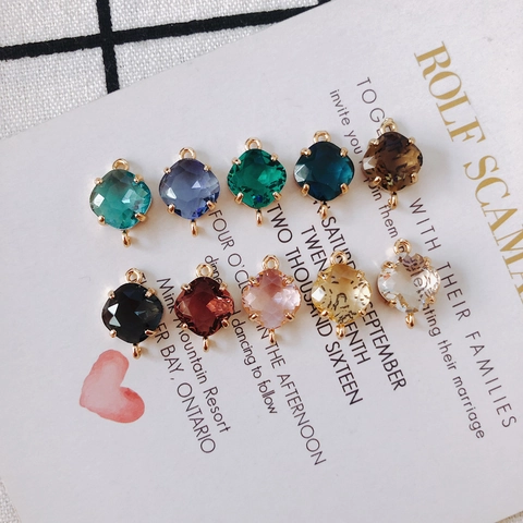 18K Gold Plated Copper Rhombus Faceted Glass Crystal Charm Double Jump Ring Connector Pendant For DIY Jewelry Making Finding