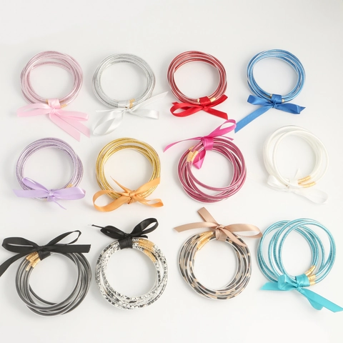 Mode Bunte Silikon Jelly Armband Set Mit Satin Schleife Funkelnd Glitzer Stapelbar Armreifen Schmuck Geschenk Für Damen