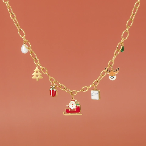 Edelstahl Weihnachtsbaum Weihnachtsmann Elch Anhänger Halskette Künstliche Perle Harz Feiertagsschmuck Für Damen Gold