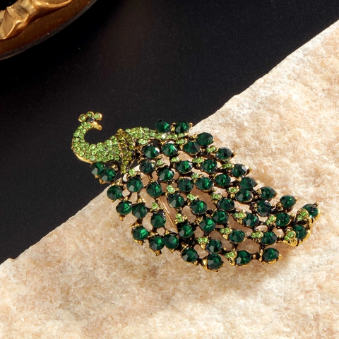 Broche de Animal de Pavo Real de Aleación Chapada en Oro Vintage Con Diamantes de Imitación Verdes Incrustados Joyería Elegante