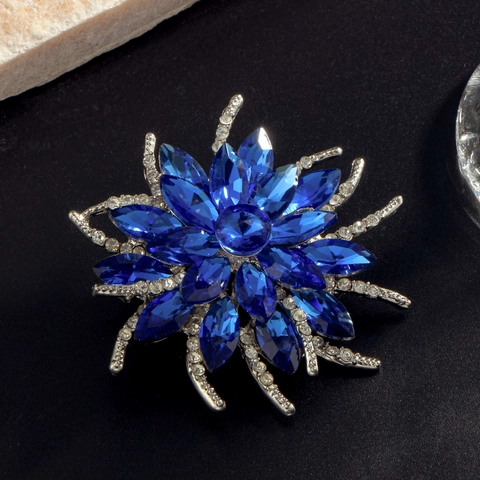 Women Elegant Royal Blue Flower Brooch Alloy Rhinestone Inlaid Luxurious Floral Sunburst Brooch Pin For Wedding Banquet Party