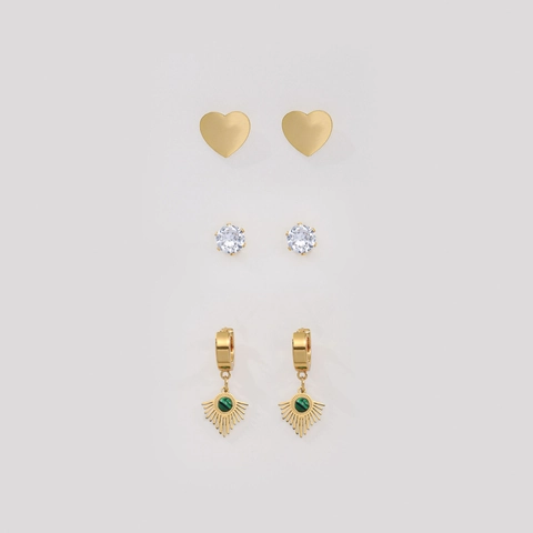 304 Edelstahl Ohrring Set Gold Herz Ohrstecker Strass Sonnenstrahl Hängeohrringe Mit Malachit-Look Stein Für Damen