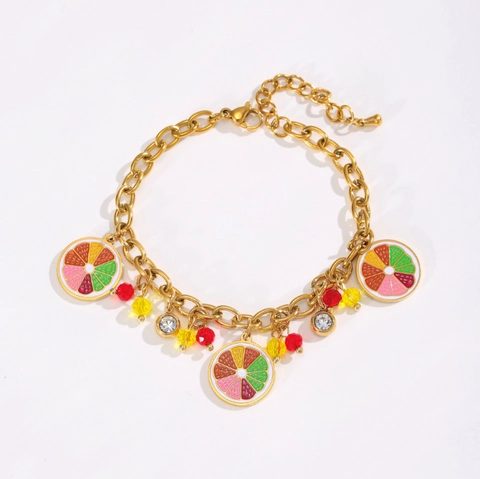 Summer Gold Alloy Fruit Charm Bracelet Enamel Orange Watermelon Pineapple Avocado Rhinestone Bead Bracelet For Women Jewelry