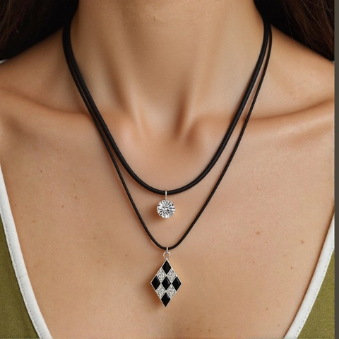 Elegant Double Layer Necklace For Women Black White Checkerboard Rhombus Pendant Rhinestone Jewelry Adjustable Cord Necklace