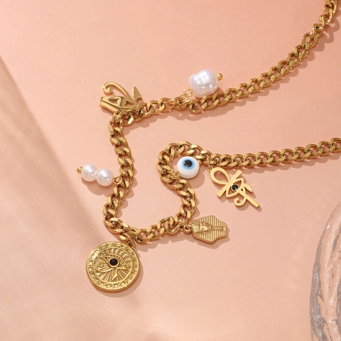 Collier Pendentif Mauvais Œil Égyptien en Acier Inoxydable 304 Or Avec Croix Ankh Pharaon Perle Artificielle Femme