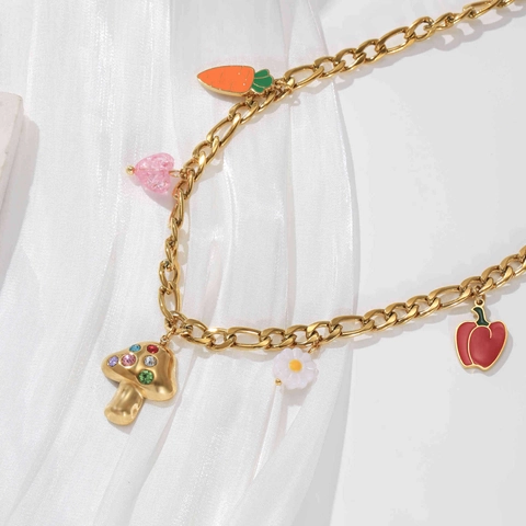 304 Stainless Steel Rhinestone Mushroom Carrot Chili Daisy Heart Pendant Necklace For Women Elegant Gold Plated Jewelry