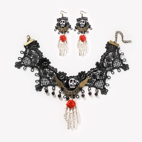 Gothic Halloween Schwarz Spitze Kropfband Und Skeletthand Totenkopf Ohrringe Set Rote Rose Blume Vintage Party Schmuckset Damen