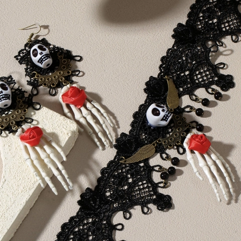 Gothic Halloween Schwarz Spitze Kropfband Und Skeletthand Totenkopf Ohrringe Set Rote Rose Blume Vintage Party Schmuckset Damen