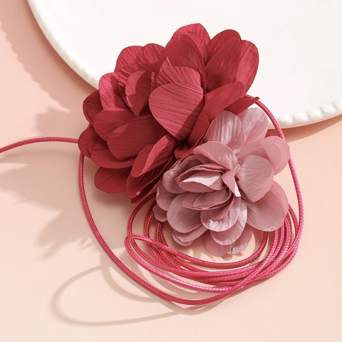 Elegant 3D Fabric Flower Choker Necklace For Women Vintage Satin Rose Floral Waist Chain Long Strap Accessory Jewelry