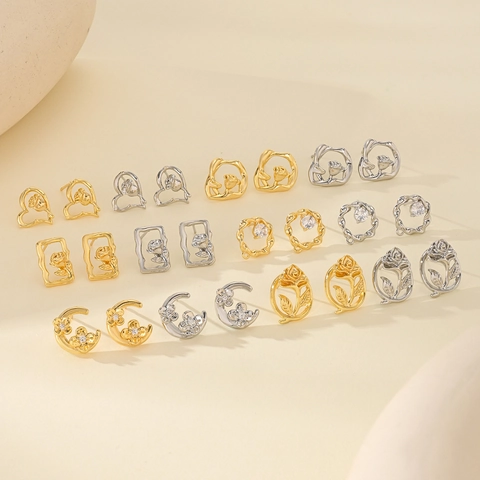 French Vintage Copper Real Gold Plated Rose Flower Earring Studs Zirconia Inlaid DIY Jewelry Findings For Women Accessories