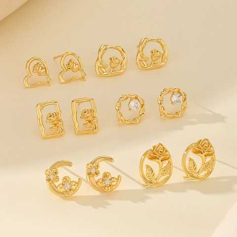 French Vintage Copper Real Gold Plated Rose Flower Earring Studs Zirconia Inlaid DIY Jewelry Findings For Women Accessories