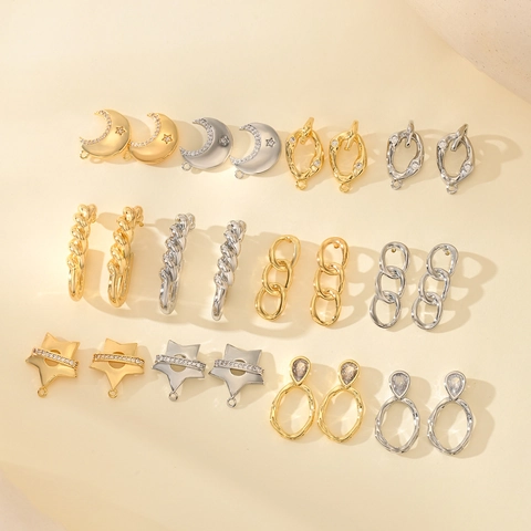 Copper Gold Plated Geometric Earring Studs With Star Moon Design Zirconia Inlaid Jewelry Making Findings DIY Accessories For Women
