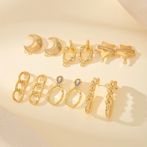Copper Gold Plated Geometric Earring Studs With Star Moon Design Zirconia Inlaid Jewelry Making Findings DIY Accessories For Women