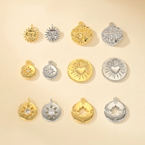 Metal Round Pendant Charms Inlaid With Zirconia For DIY Necklace Bracelet Making Vintage Sun Heart Star Compass Jewelry Finding Accessories