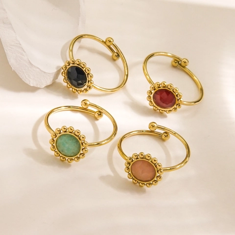 Anillo Ajustable Abierto de Acero Inoxidable Vintage para Mujer Gema Colorida Facetada Borde de Cuentas Redondo Joyería de Moda Chapado en Oro Anillo Geométrico