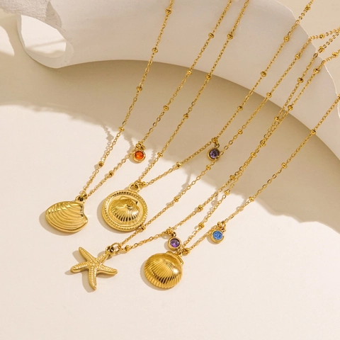 Edelstahl Ozean Thema Seestern Muschel Anhänger Halskette Für Damen Vergoldet Strass Maritim Element Schmuck