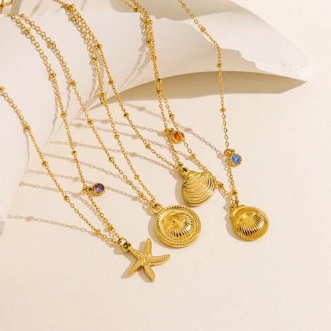Edelstahl Ozean Thema Seestern Muschel Anhänger Halskette Für Damen Vergoldet Strass Maritim Element Schmuck