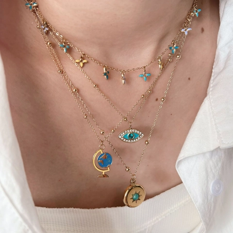Collar de Pendiente de Acero Inoxidable Ojo Turco Globo Planeta Flor Estrella Dorado Galvanizado Joyería Bohemia para Mujer