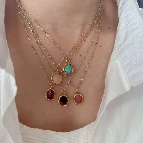 Vintage Stainless Steel Natural Stone Pendant Necklace Geometric Oval Charm Gold Plated Adjustable Chain Women Jewelry Accessory