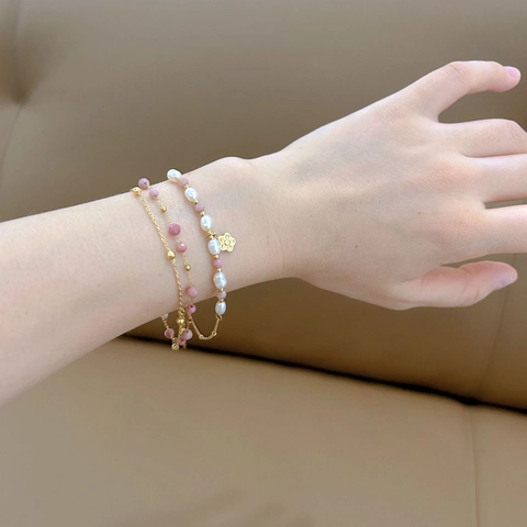 Stainless Steel Artificial Pearl Rhinestone Bracelet For Women Gold Plated Layered Charm Bracelet With Butterfly Evil Eye Flower Heart Pendant