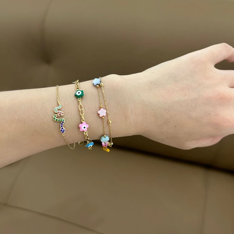 Stainless Steel Artificial Pearl Rhinestone Bracelet For Women Gold Plated Layered Charm Bracelet With Butterfly Evil Eye Flower Heart Pendant