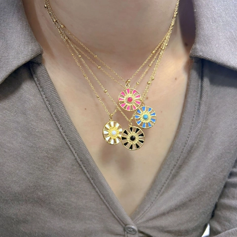 Bohemian Stainless Steel Solar Compass Pendant Necklace For Women Colorful Enamel Medallion Beaded Satellite Chain Gold Plated Vintage Jewelry