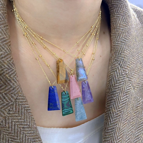 Collar con Colgante Geométrico de Trapecio de Piedra Natural Cadena de Cuentas de Acero Inoxidable Joyería para Mujer