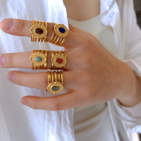Vintage Bohemian Stainless Steel Natural Stone Open Ring For Women Gold Plated Geometric Multilayer Adjustable Rings Jewelry Gift