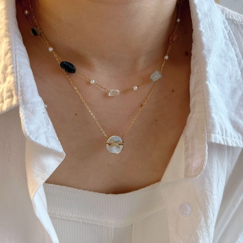 Stainless Steel Natural Stone Beaded Necklace Shell Pendant Round Cross Zirconia Layered Bracelet For Women Jewelry