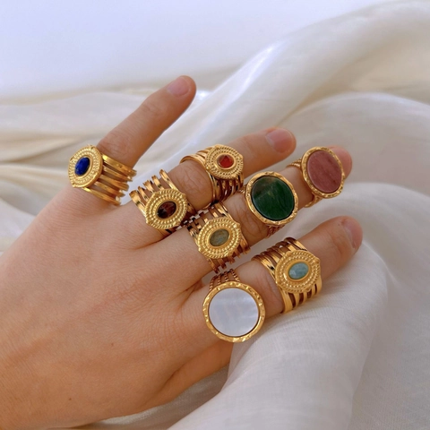 Vintage Bohemian Stainless Steel Natural Stone Open Ring For Women Gold Plated Geometric Multilayer Adjustable Rings Jewelry Gift