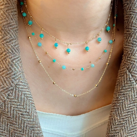 Bohemian Layered Amazonite Stone Necklace For Women Stainless Steel Gold Plated Beads Chain And Irregular Lava Open Ring