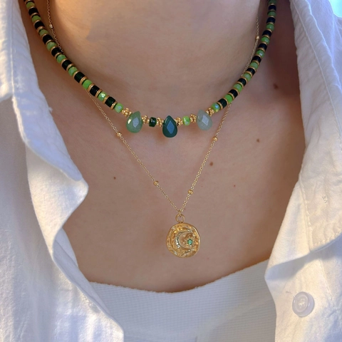 Collar Bohemio de Acero Inoxidable de Piedra Natural Malaquita Cuentas Colgante de Concha Luna para Mujer Joyería