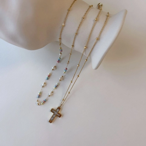 Collana da Donna in Acciaio Inossidabile con Perline Colorate e Perle Artificiali Pendente a Croce Placcato Oro Gioielli con Strass per Uso Quotidiano e Feste