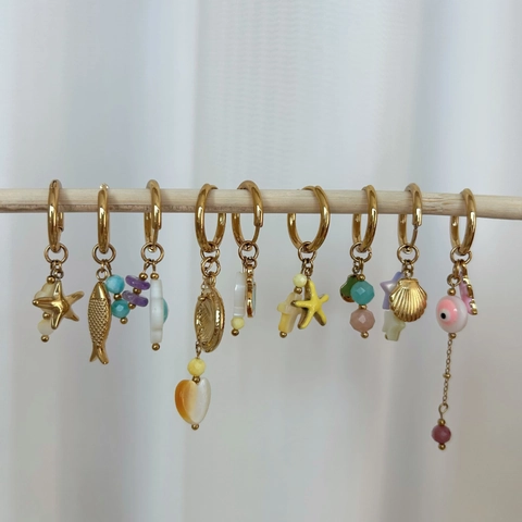 Stainless Steel Ocean Theme Hoop Drop Earrings For Women Gold Plated Sea Shell Starfish Evil Eye Bohemian Fashion Jewelry