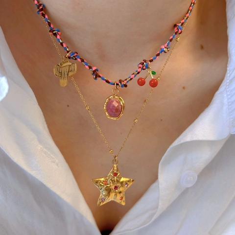Handmade Colorful Woven Rope Titanium Steel Pendant Necklace Star Shell Sea Star Rhinestone Beach Jewelry For Women