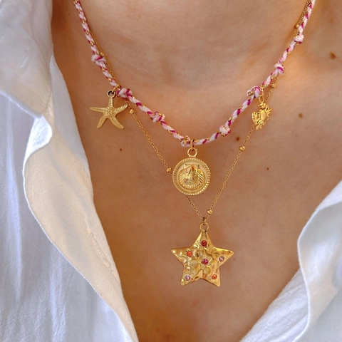 Handmade Colorful Woven Rope Titanium Steel Pendant Necklace Star Shell Sea Star Rhinestone Beach Jewelry For Women