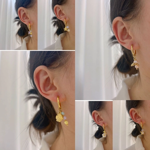 Ocean Theme Titanium Steel Hoop Earrings For Women Gold Plated Starfish Shell Fish Tail Artificial Pearl Beach Jewelry