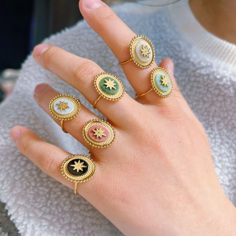 Bohemian Retro Titanium Steel North Star Ring For Women Personalized Geometric Natural Stone Adjustable Open Compass Ring Jewelry