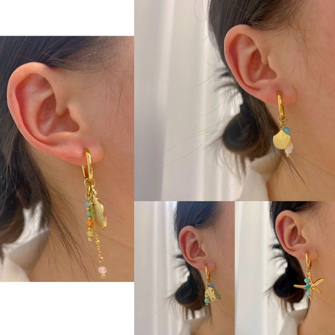 Ocean Theme Titanium Steel Hoop Earrings For Women Gold Plated Starfish Shell Fish Tail Artificial Pearl Beach Jewelry