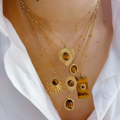 Bohemian Stainless Steel Tiger Eye Pendant Necklace Gold Plated Vintage Natural Stone Jewelry For Women Daily Party Accessary
