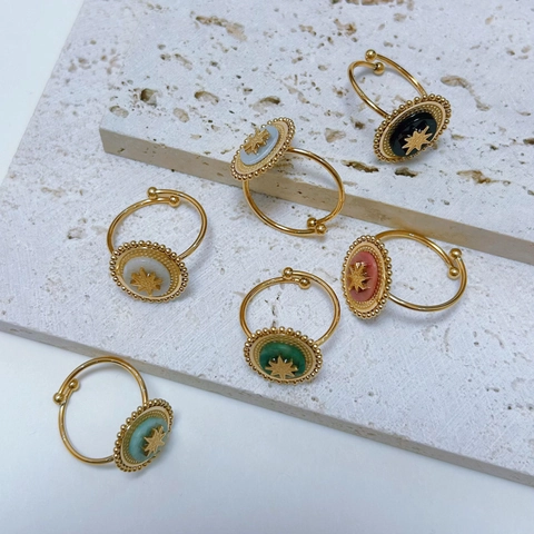 Bohemian Retro Titanium Steel North Star Ring For Women Personalized Geometric Natural Stone Adjustable Open Compass Ring Jewelry