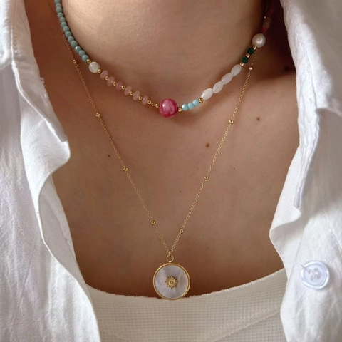 Collana Bohemian in Acciaio Inossidabile Con Ciondolo a Stella in Conchiglia e Collana di Perline in Pietra Naturale Donna