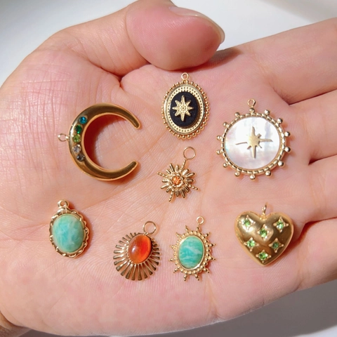 DIY Natural Stone Pendant For Jewelry Making Stainless Steel Gold Plated Sun Moon Heart Star Charm Pendant Only (Without Chain)