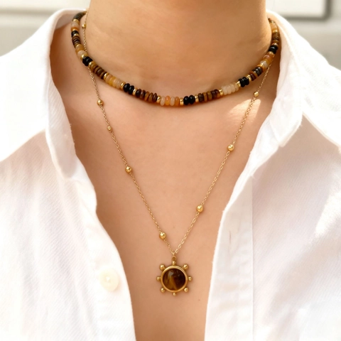 Yellow Tiger Eye Stone Bead Necklace Sun Pendant Stainless Steel Jewelry Set Bracelet For Women Bohemian Vintage Style