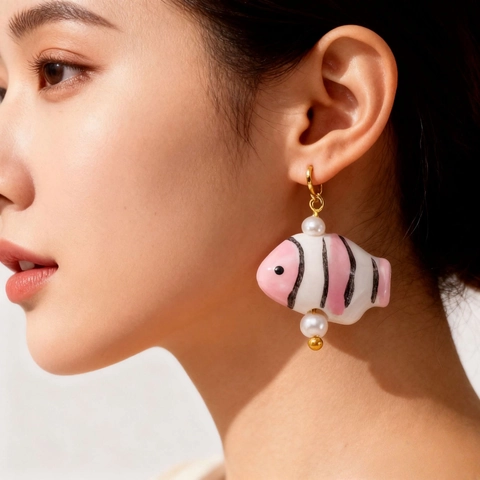 Ocean Style Titanium Steel Drop Earrings For Women Colorful Painted Fish Star Pendant Earrings With Artificial Pearl
