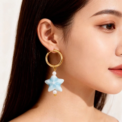 Ocean Style Titanium Steel Drop Earrings For Women Colorful Painted Fish Star Pendant Earrings With Artificial Pearl