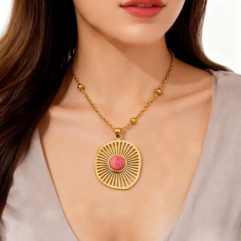 Stainless Steel Sunburst Pendant Necklace Natural Stone Crystal 14K Gold Plated Beaded Chain For Women Bohemian Jewelry