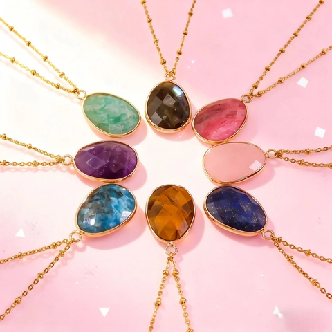 Stainless Steel Teardrop Natural Stone Pendant Necklace For Women Vintage Faceted Crystal Beaded Chain Boho Jewelry Gift