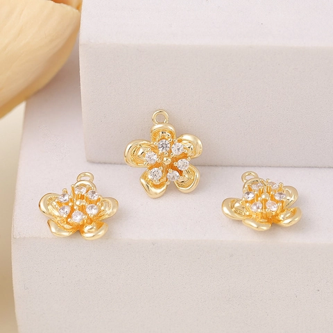 Gold Plated Pure Copper Flower Charm Pendant With Zirconia For DIY Necklace Bracelet Earring Making Floral Jewelry Finding